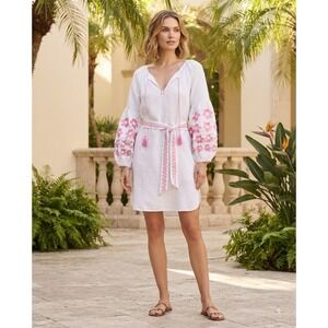 Benaras by Citrus White Linen Floral Embroidered Tassel Belted Tunic Dress S